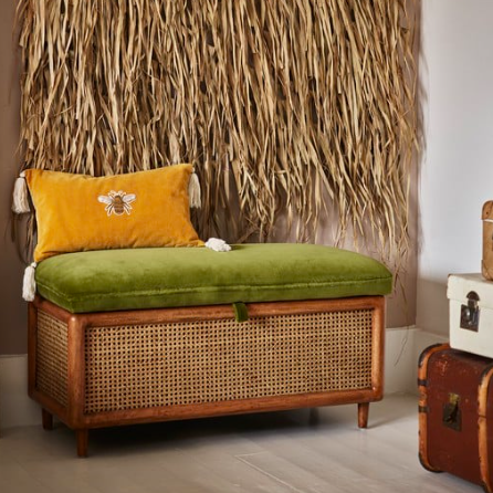 Loha Green Velvet & Rattan Ottoman