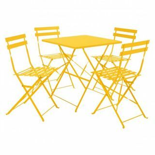 שולחן גן מתקפל ממתכת צהובה של פארק וארבעה כסאות