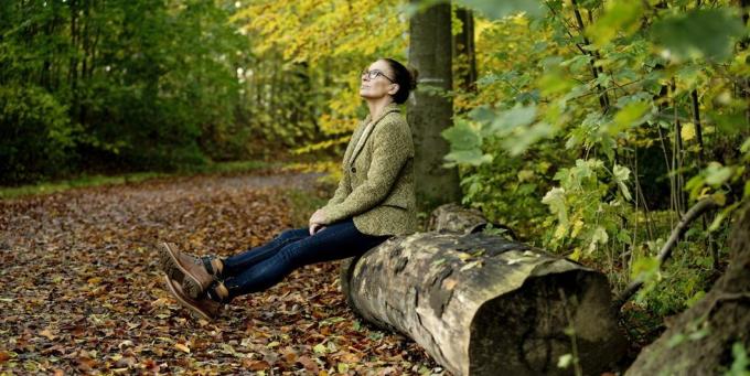 אישה בוגרת יושבת על גזע עץ ביער סתיו
