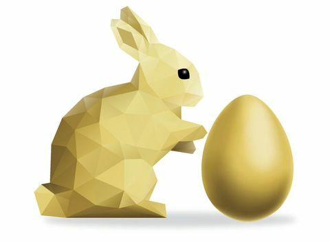 ארנב זהב נמוך פולי עם ביצת פסחא זהב מעל לבן